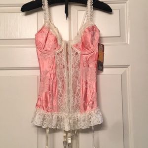 Pink and cream lace up embroidered bustier